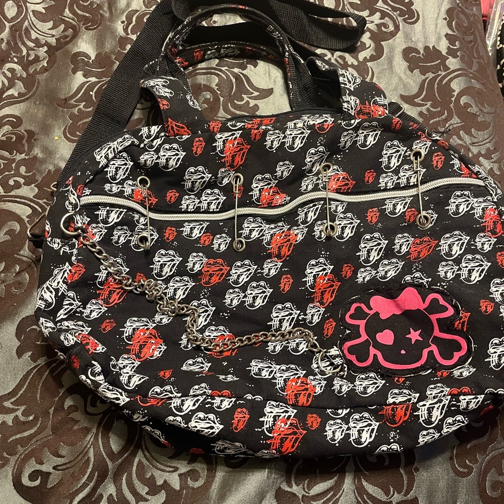 Rolling Stones/Skull Print Black and Red Women's Bag